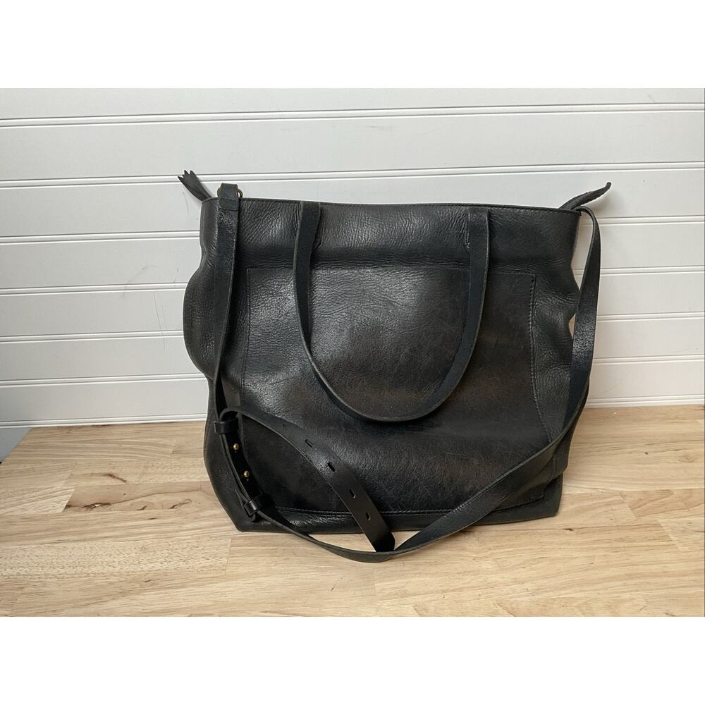 Madewell Black Genuine Leather Tote Bag With Strap Medium Size Zip Top Purse